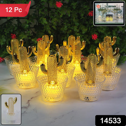 Set of 12 decorative cactus-shaped LED tealight candles by Wukusy, ideal for home decor and ambient lighting.