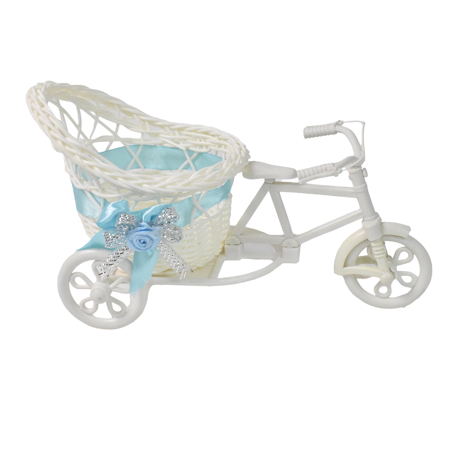 Wukusy plastic bicycle-shaped flower vase on stand, ideal for home decor and displaying colorful flowers.