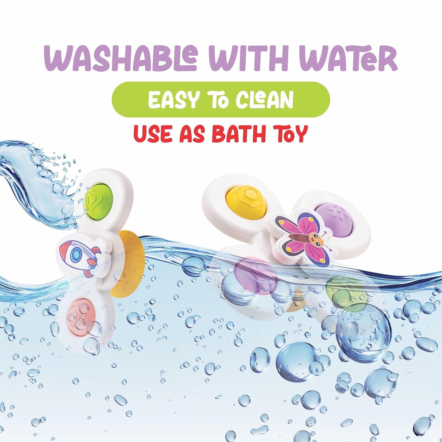 Wukusy color baby spinner toy set with three sensory spin toys attached to suction cups for infants and toddlers.