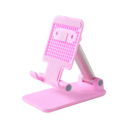 Wukusy adjustable folding desktop mobile phone stand holder displaying a smartphone in portrait orientation on a flat surface.