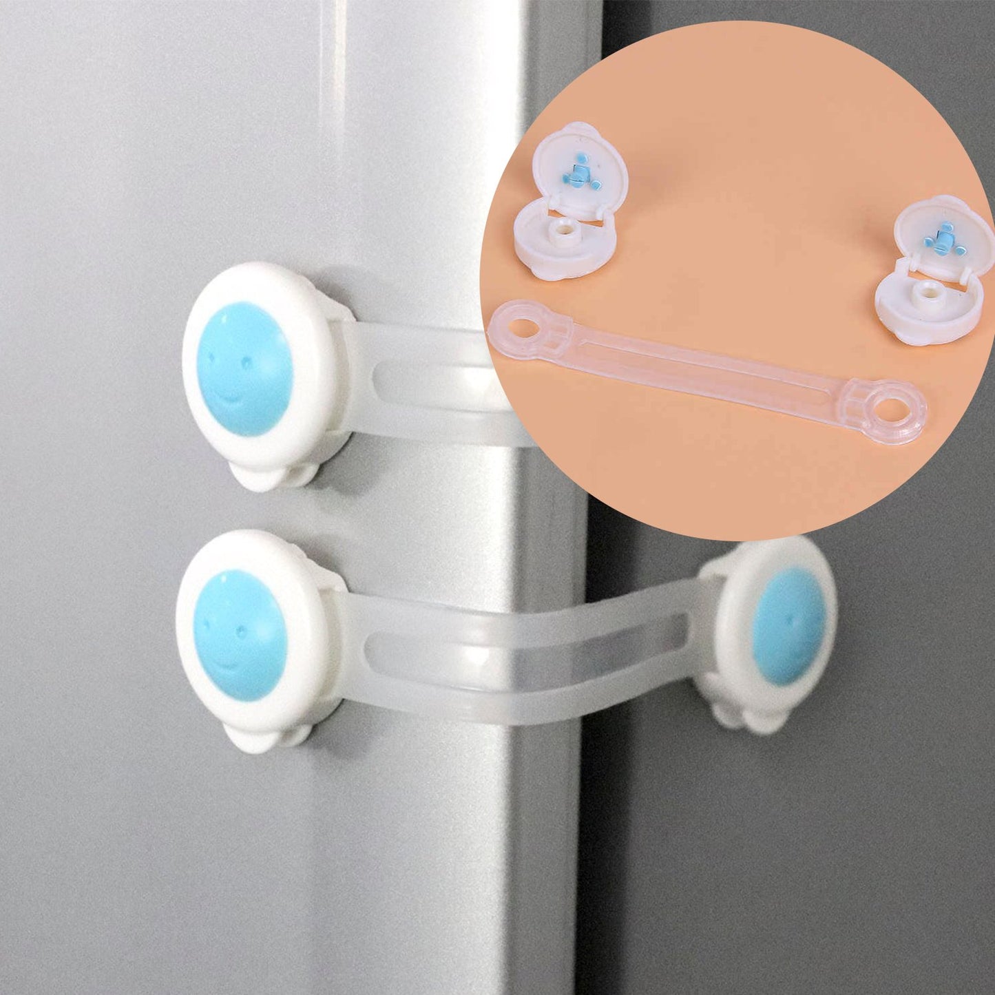 Wukusy baby proofing child safety strap lock securing cabinets or drawers in a home improvement setting.