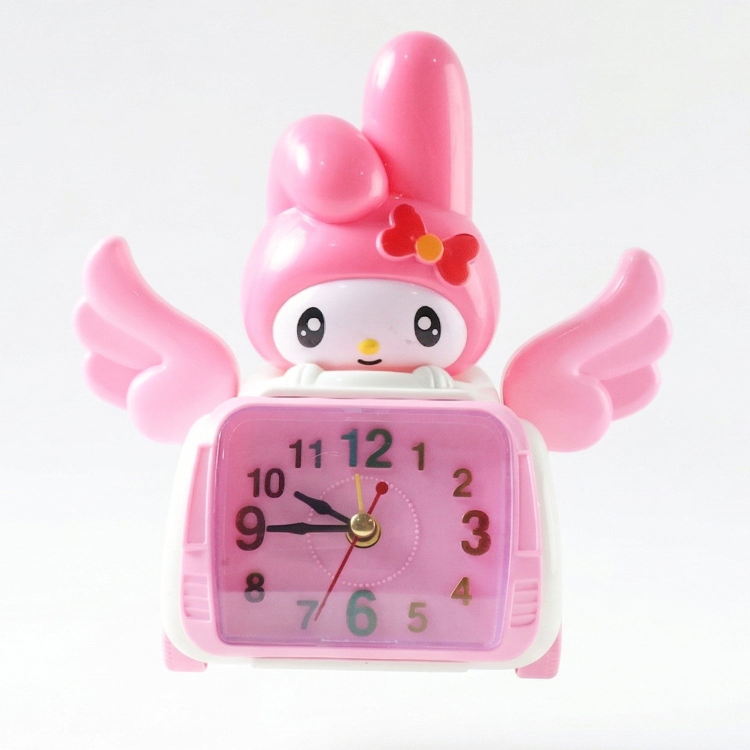 Pink cartoon bunny-shaped Wukusy alarm clock with car style design, featuring a cute bunny face and digital display.