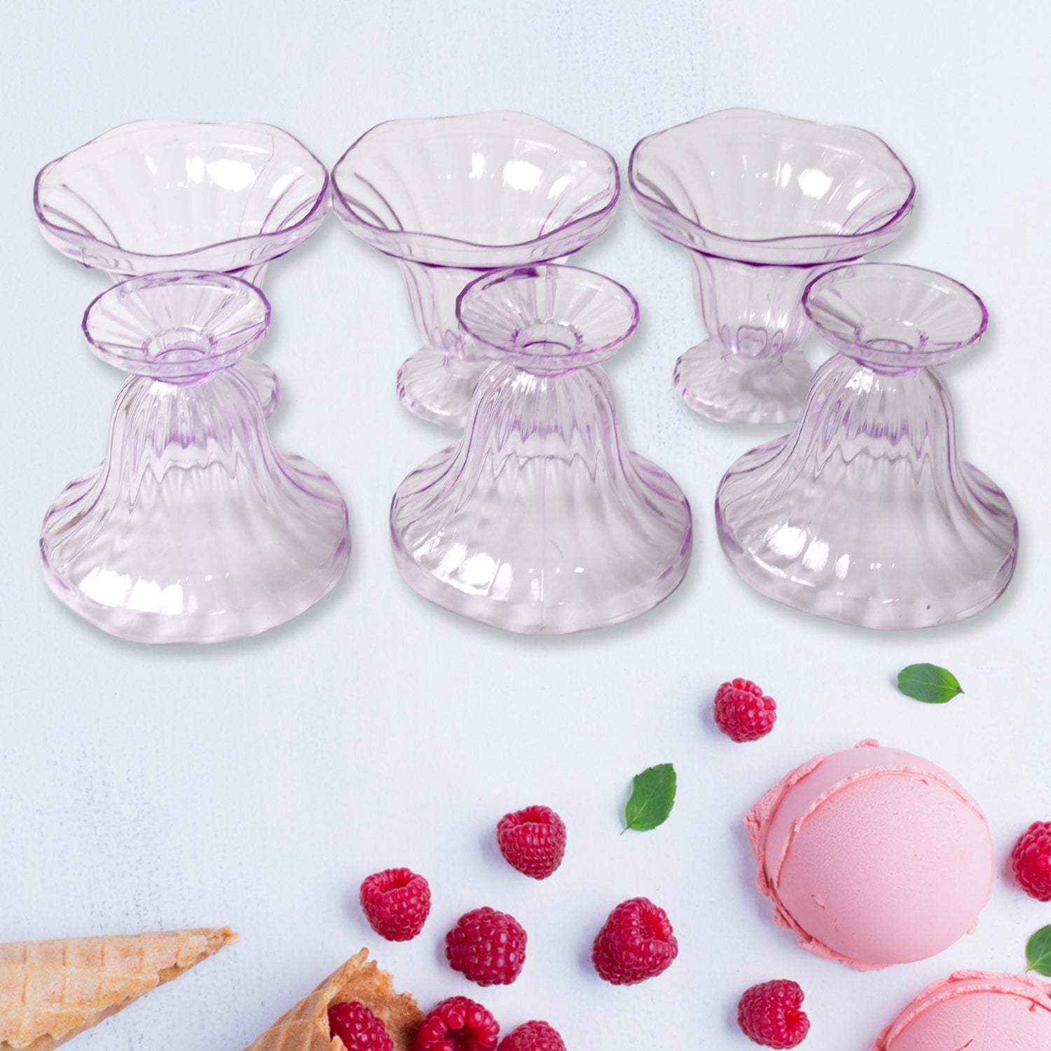 Set of six Wukusy crystal plastic ice-cream bowls for serving desserts, sweets, snacks, fruit, pudding, or nuts in the home kitchen.