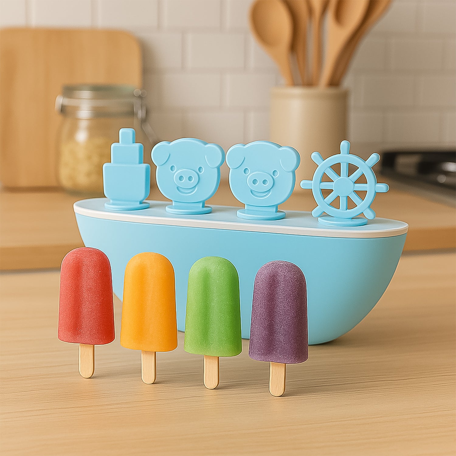Wukusy boat-shaped ice cream mold with cute piggy design, showing the detailed pig face and boat shape on the silicone mold.