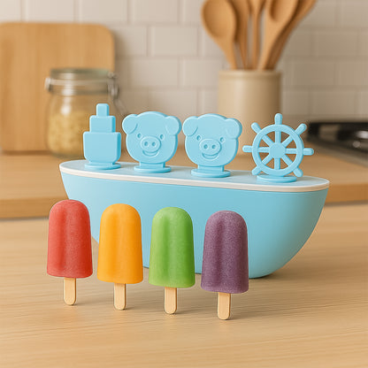 Wukusy boat-shaped ice cream mold with cute piggy design, showing the detailed pig face and boat shape on the silicone mold.