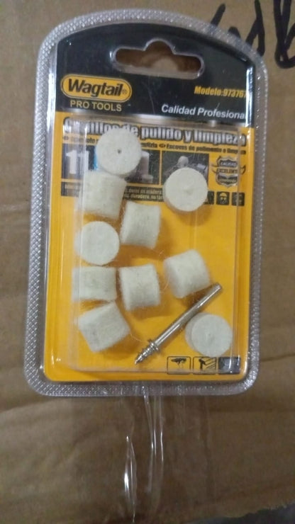 Set of 11 Wukusy rotary tool wool felt polishing pads for hardware polishing and finishing tasks.