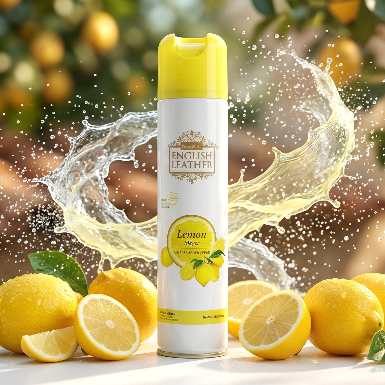 Next Premium English Leather Lemon air freshener spray by Wukusy, 220ml, showing the spray bottle with lemon scent label
