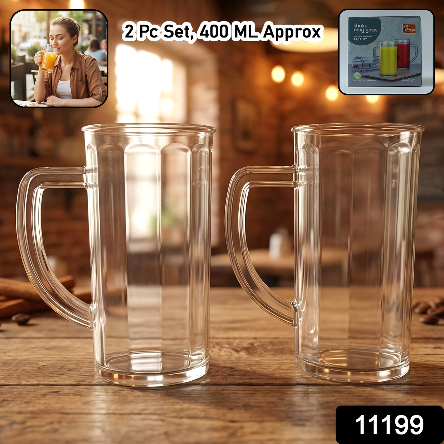 Wukusy Prexo plastic shake mug with handle, 2-piece set, approximately 400ml capacity, clear and sturdy design