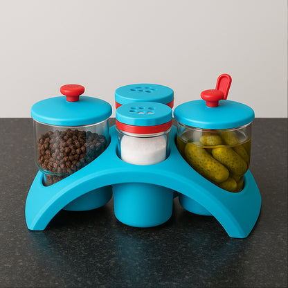 Wukusy Supermom 4x pickle and salt pepper storage set with clear jars and black lids for kitchen organization.