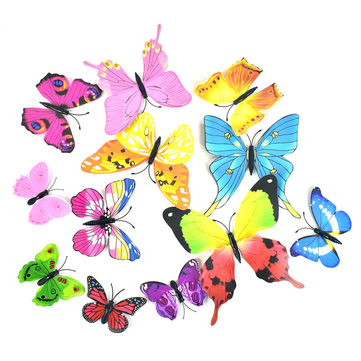 Set of 12 colorful butterfly wall stickers by Wukusy for home decor, arranged on a wall to add vibrant, decorative accents.
