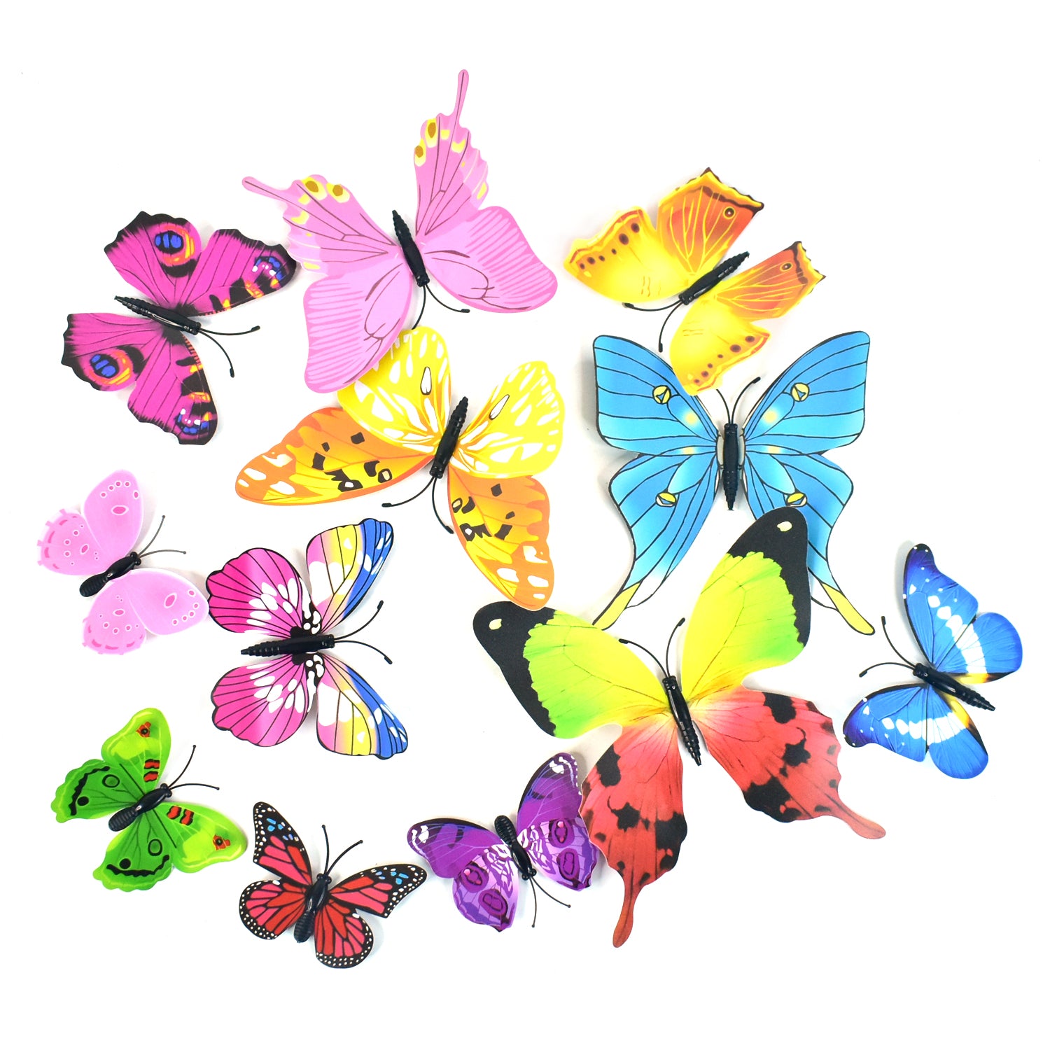 Set of 12 colorful butterfly wall stickers by Wukusy for home decor, arranged on a wall to add vibrant, decorative accents.