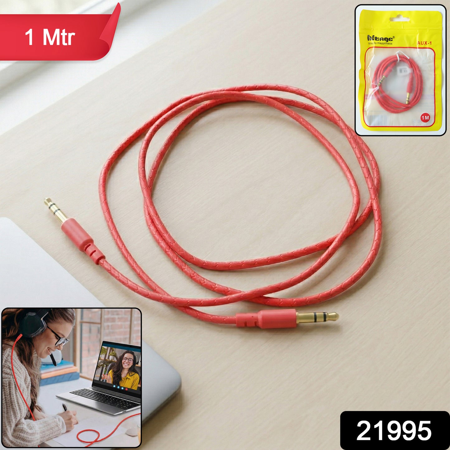 Wukusy 3.5mm auxiliary audio cable, 1 meter length, showing the cable with 3.5mm connectors for audio devices.