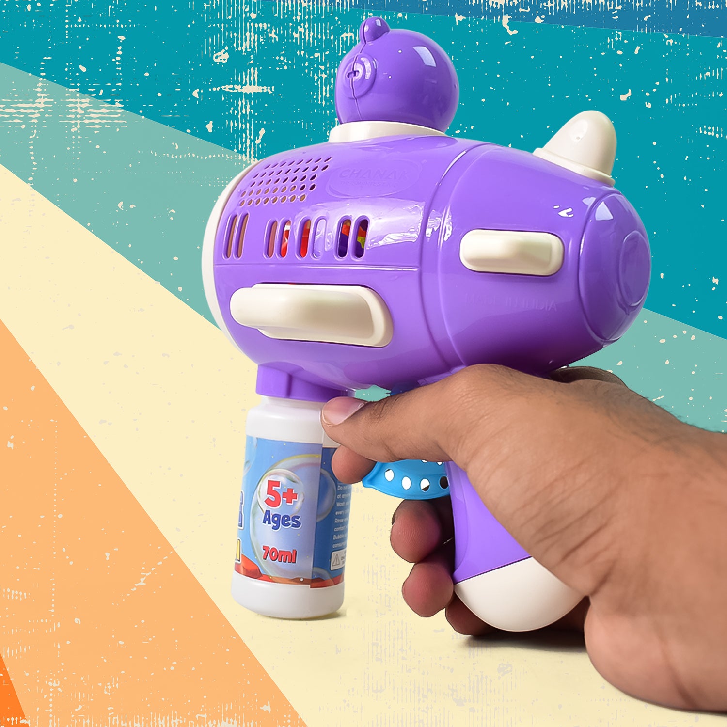 Wukusy space bubble gun toy for kids with colorful bubbles and bubble solution, designed for outdoor fun and entertainment.