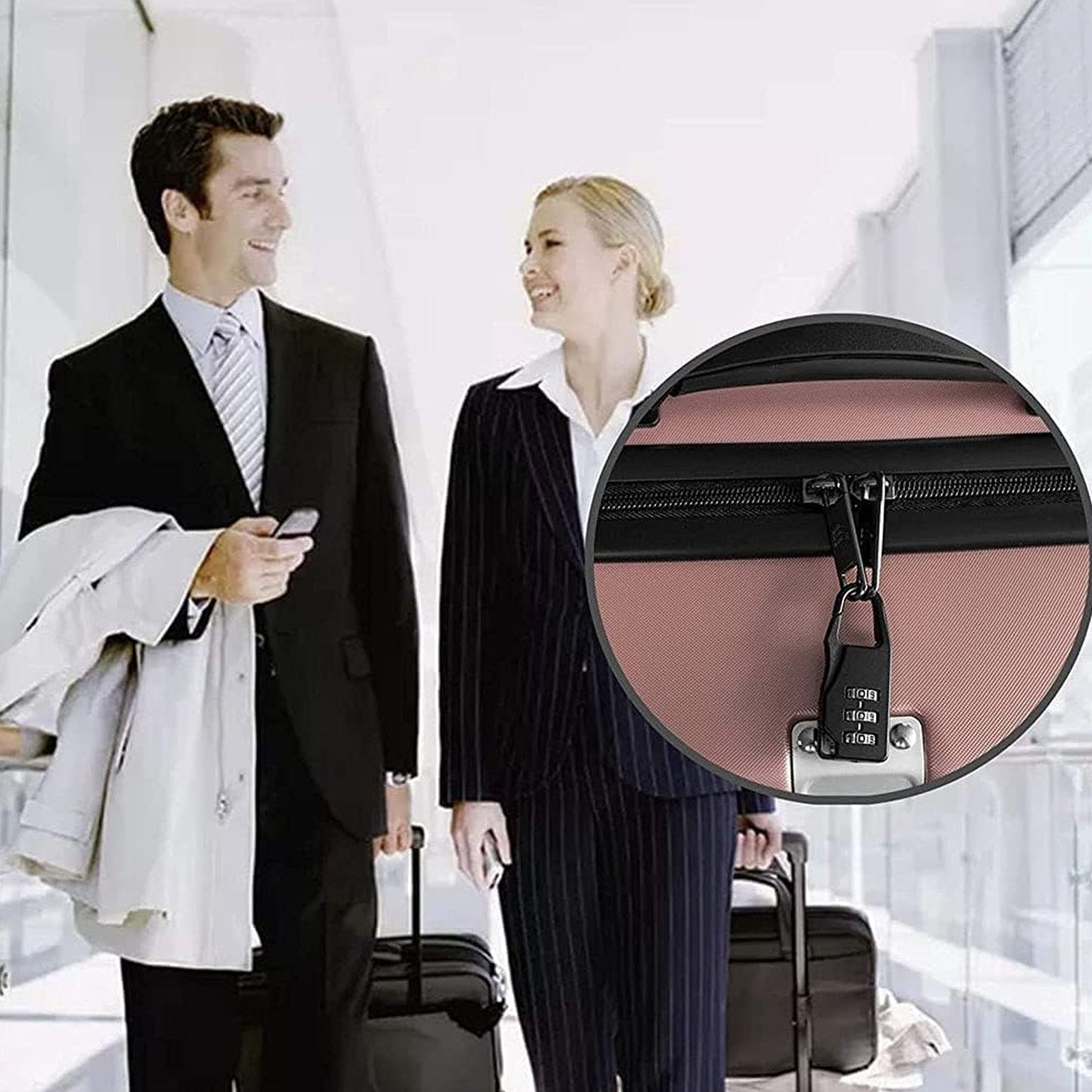 Wukusy Secure 3-digit combination travel lock attached to a luggage zipper for theft protection and secure travel.