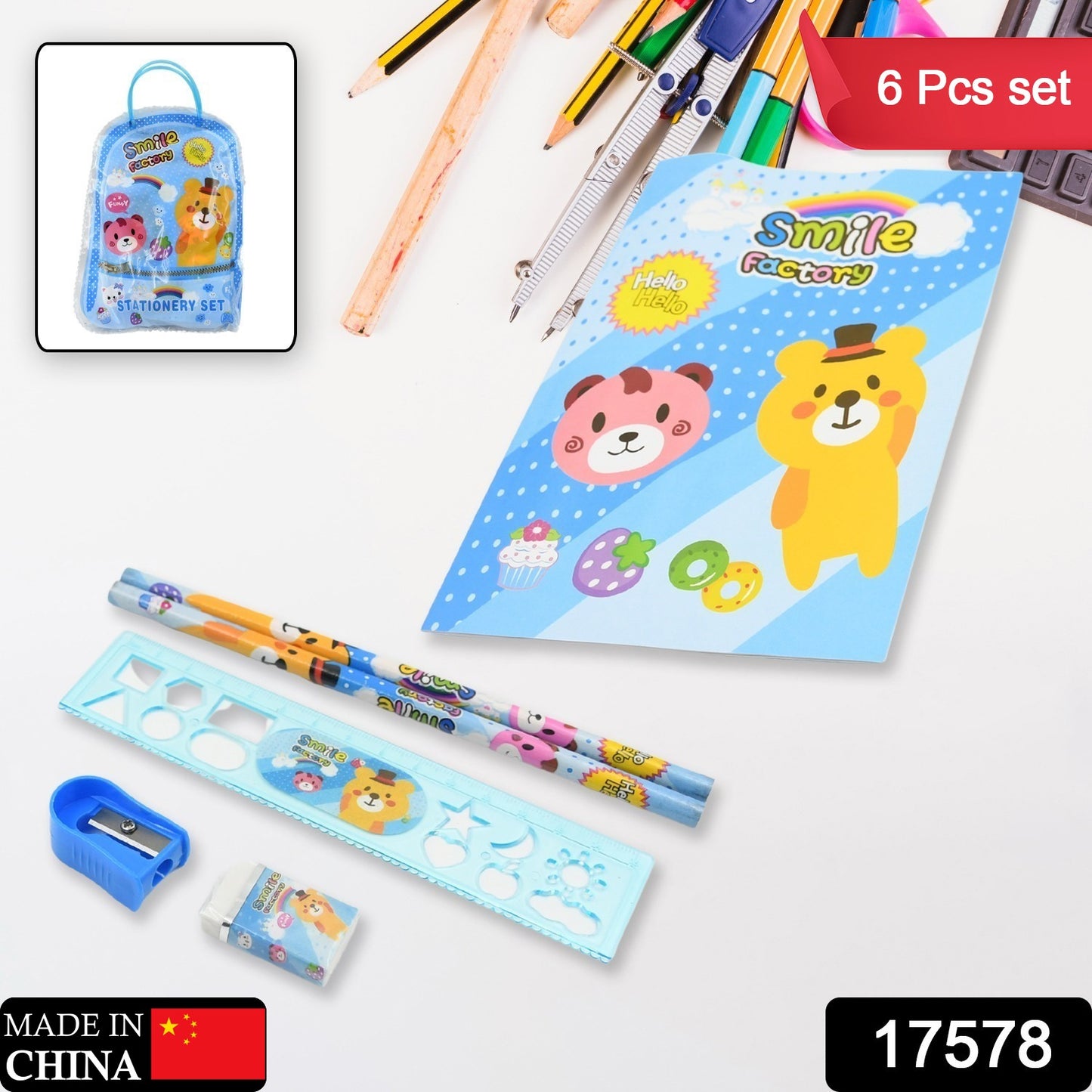 Wukusy stationery kit for kids featuring wooden pencil sharpener, eraser, 2 pencils, 1 scale, notebook, and zip bag in a 6-piece set