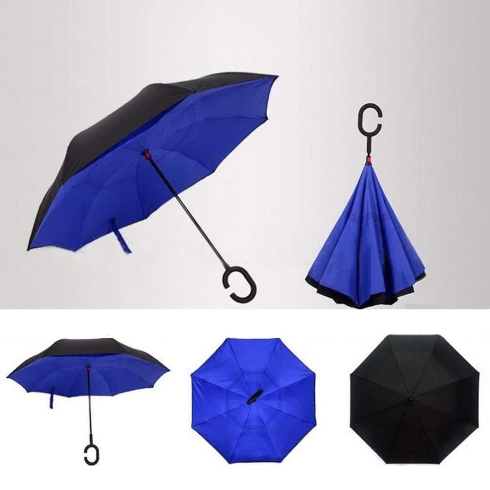 Wukusy 6211 plain windproof upside-down reverse umbrella with C-shaped handle, showing its dark canopy and ergonomic grip.
