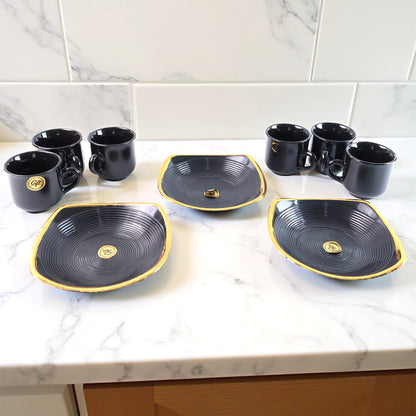 Set of 8 Wukusy Sweet Buzz ceramic tea cups and seashell-shaped serving bowl, ideal for coffee, tea, or breakfast beverages.