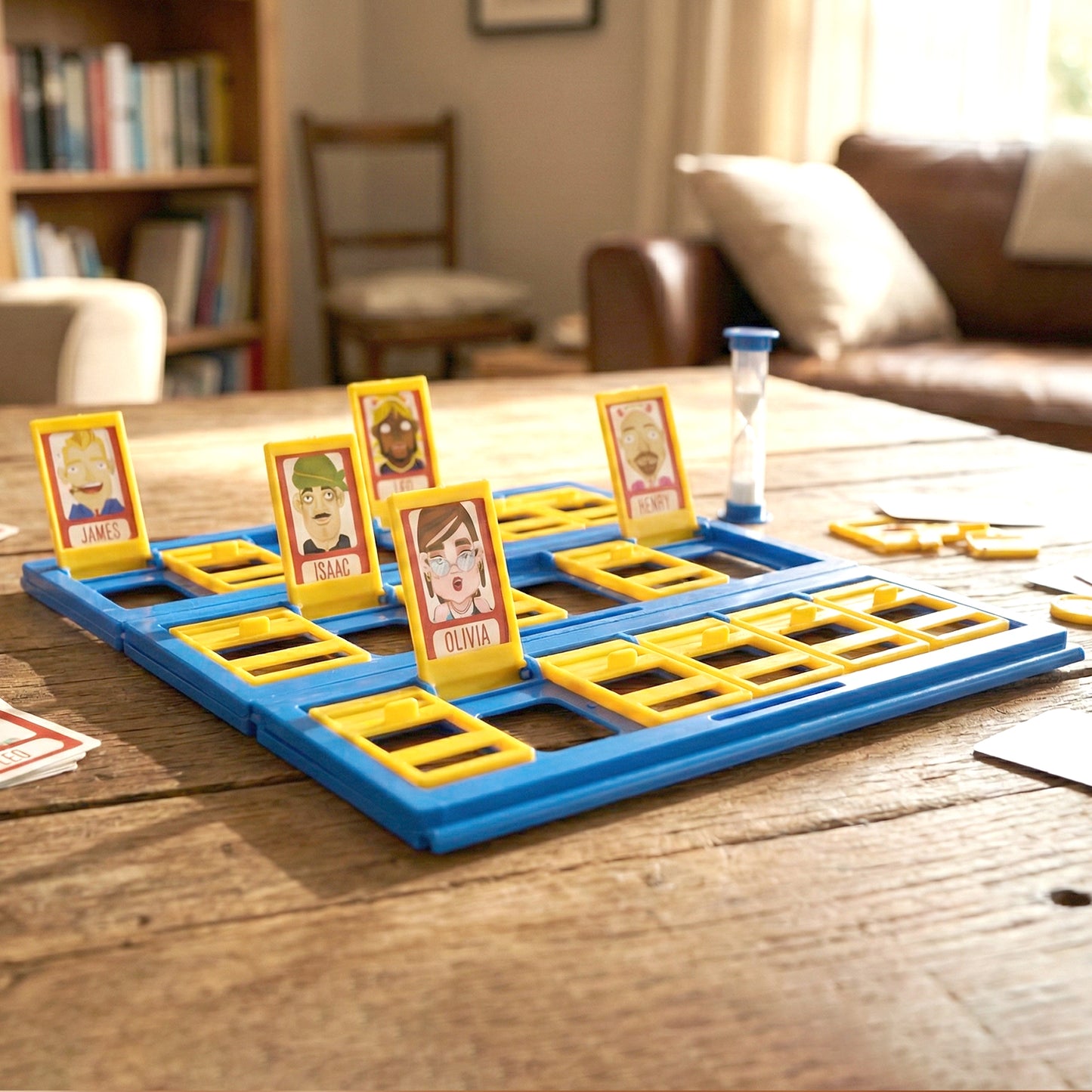 Wukusy Who Am I Guessing Board Game for Kids, featuring colorful game characters and guessing cards on a playful table.