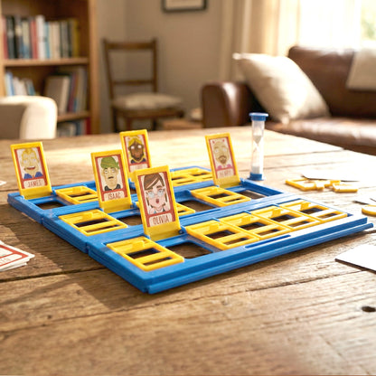 Wukusy Who Am I Guessing Board Game for Kids, featuring colorful game characters and guessing cards on a playful table.