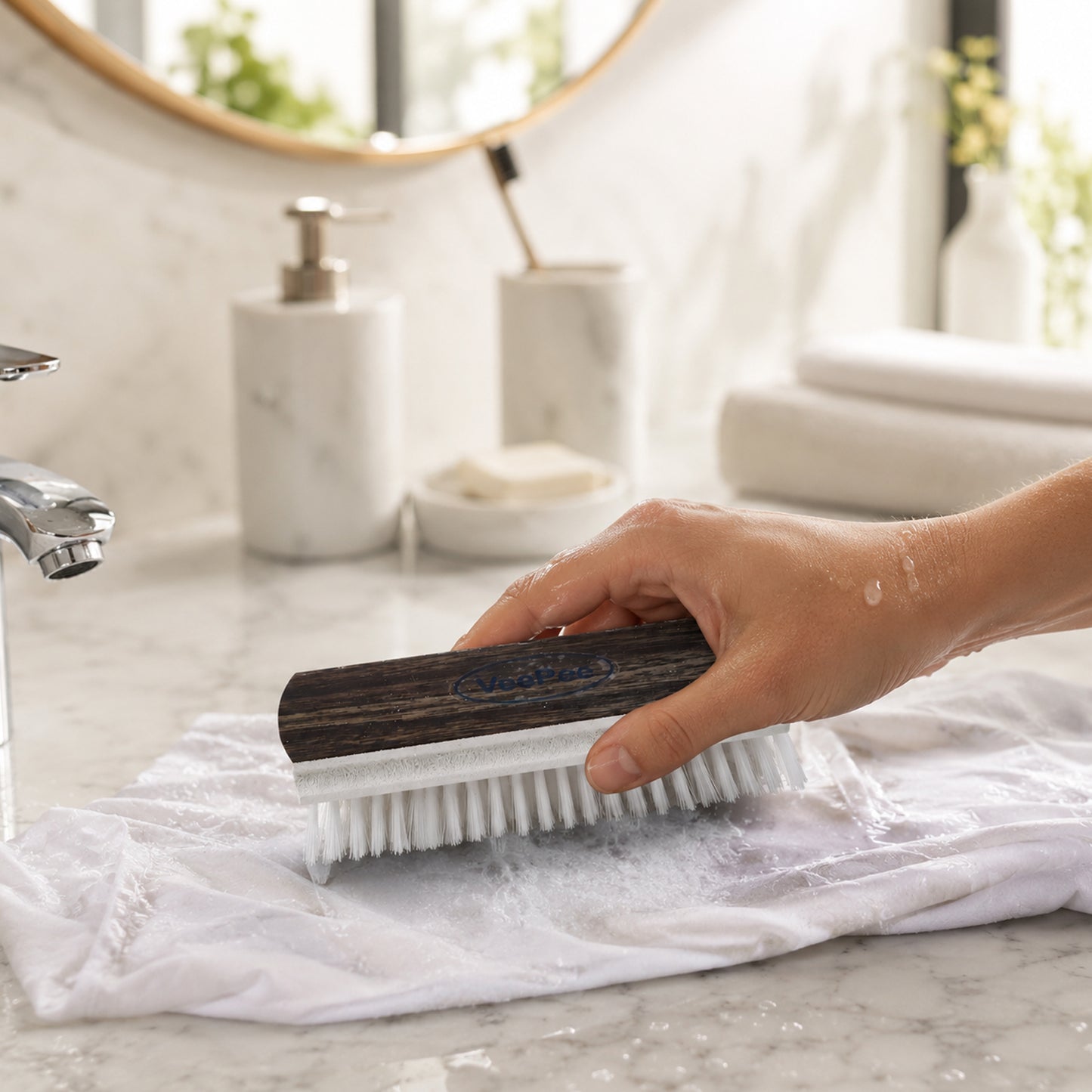 Wukusy Veepee Hard Golden Cloth Wash Brush with wooden handle for scrubbing and cleaning fabrics and surfaces.