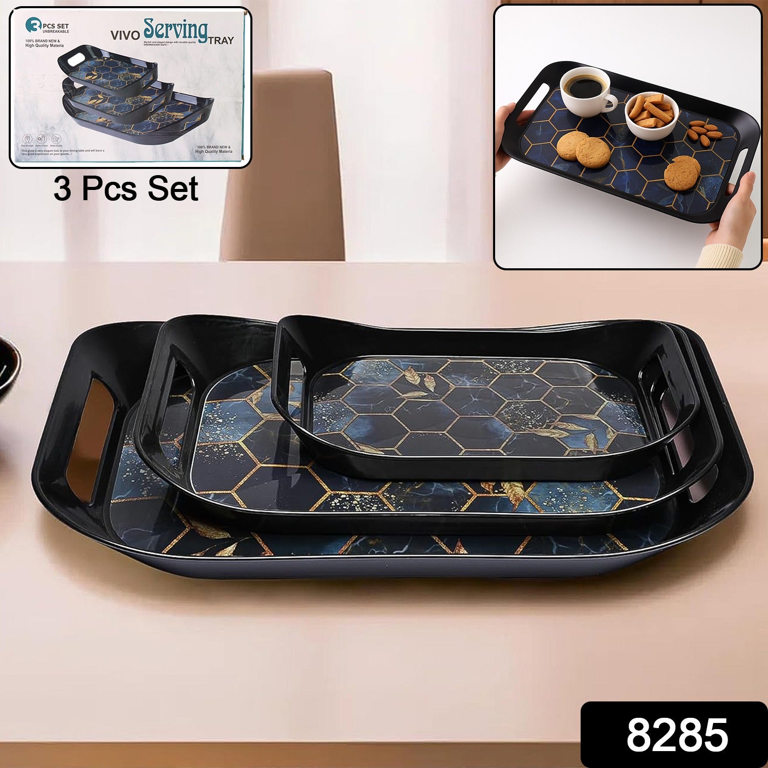 Three Wukusy premium plastic serving trays in assorted sizes, with a smooth surface and raised edges for serving food and drinks.