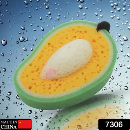 Wukusy mango-shaped kitchen cleaning sponge with scrubber side, ideal for dishwashing and household cleaning tasks.