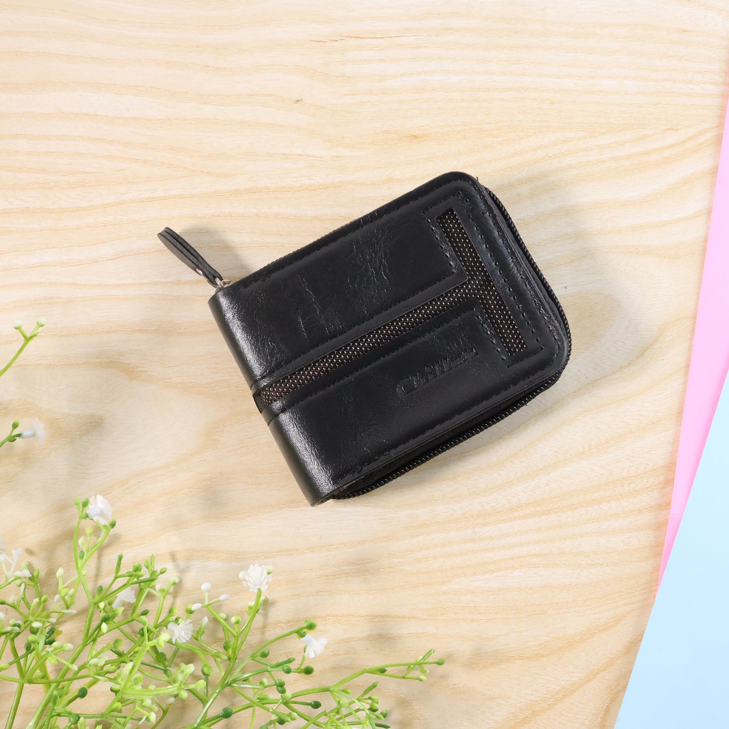 Wukusy compact zip-around card holder wallet for men and women, showing sleek black leather design with multiple card slots.