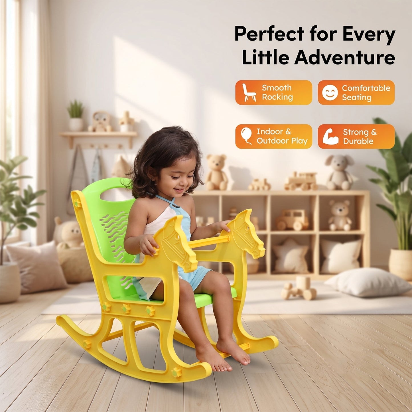 Wukusy kids plastic horse rocking chair with backrest, colorful baby rocker seat for children to sit and sway comfortably