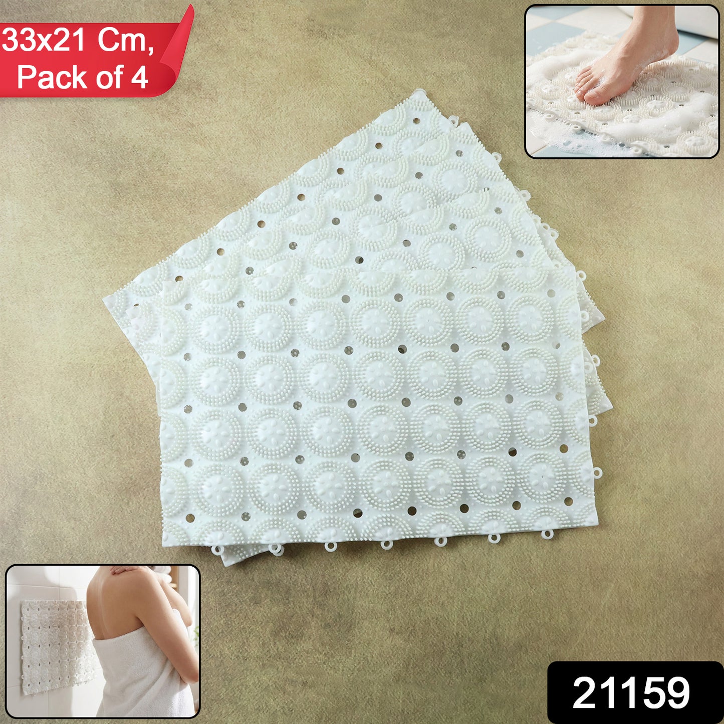 Wukusy anti-slip bathroom massage mat with suction cups, 33x21 cm, set of 4, featuring textured surface for safe shower footing