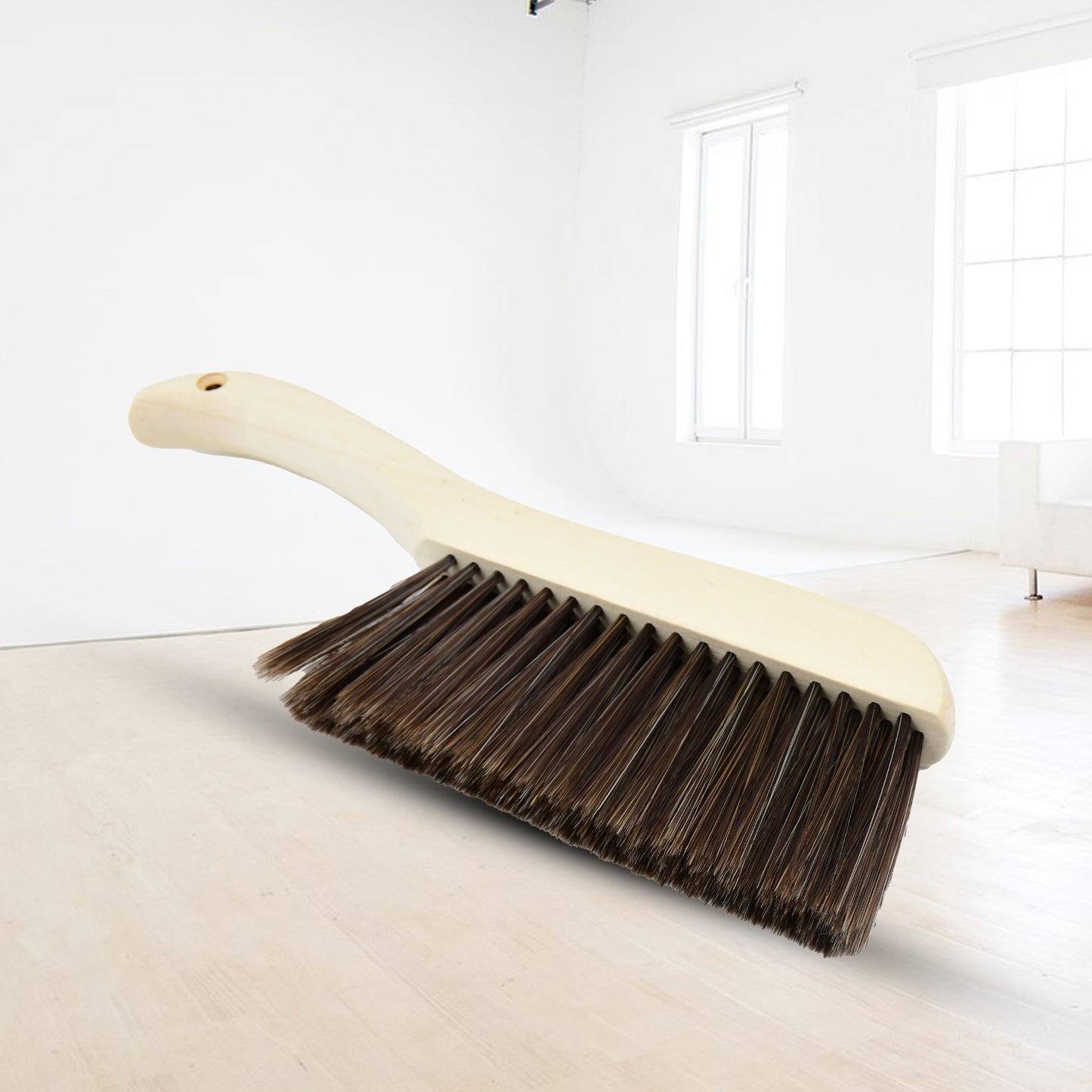 Wukusy dust cleaning brush with wooden handle and stiff bristles for dust removal and surface cleaning.