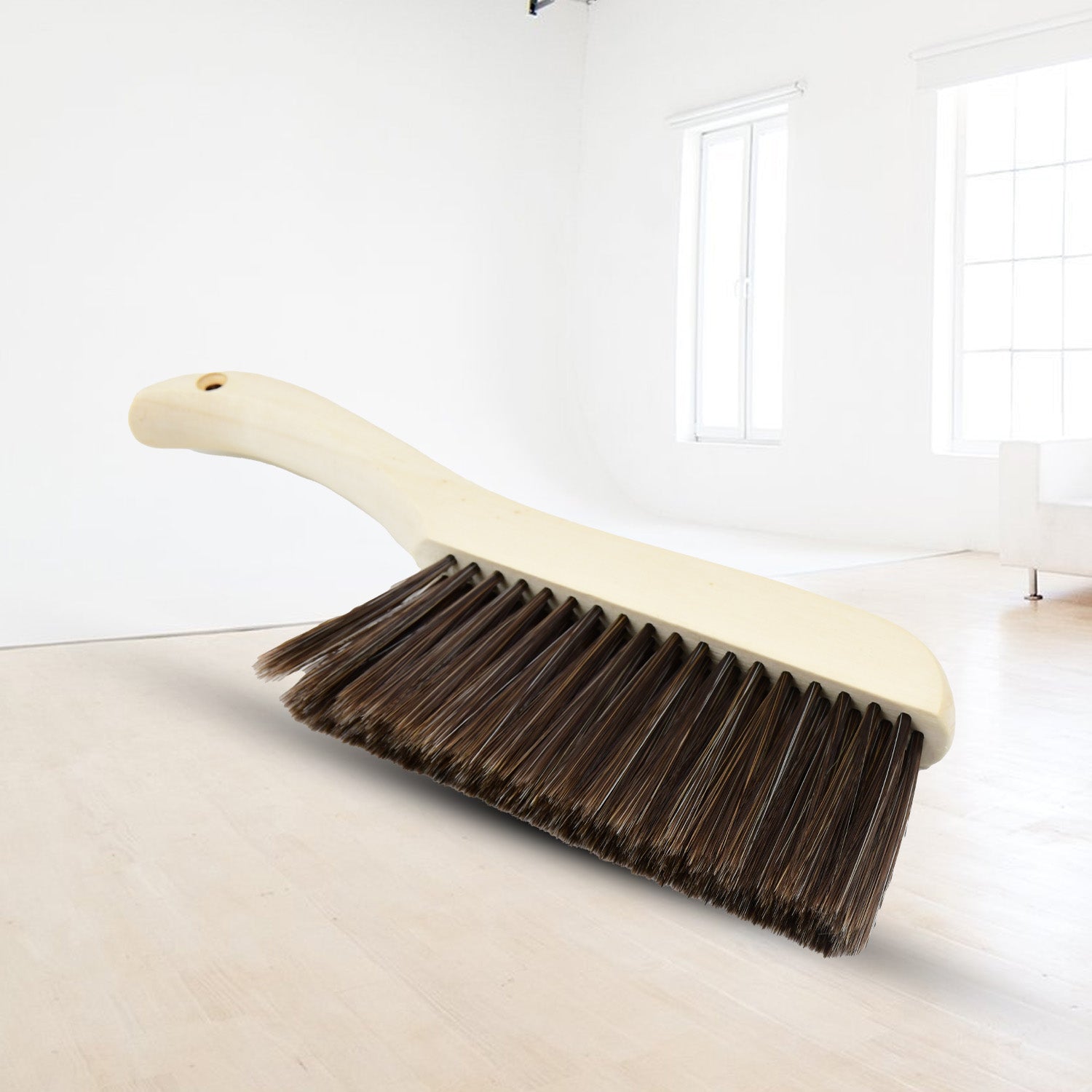 Wukusy dust cleaning brush with wooden handle and stiff bristles for dust removal and surface cleaning.