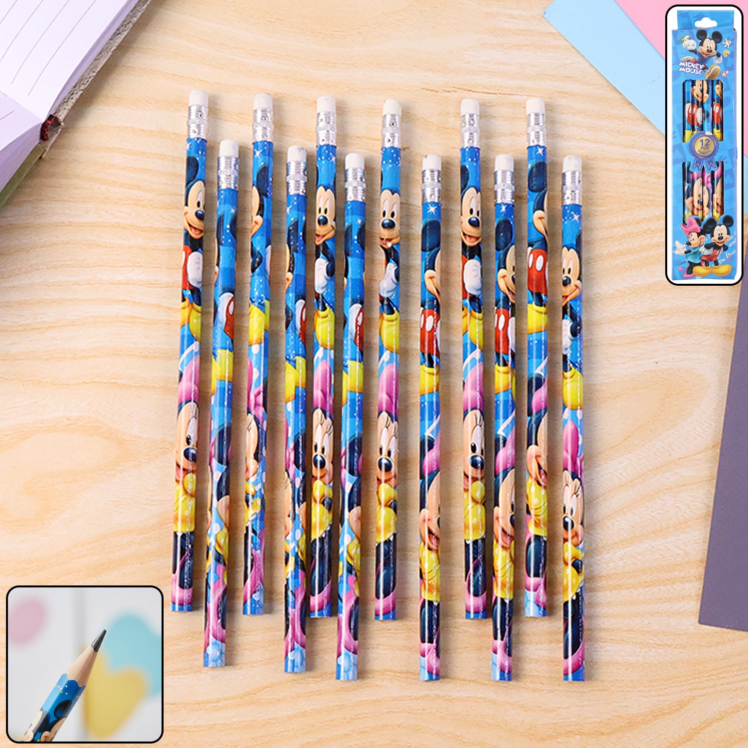 Set of 12 Wukusy premium cartoon-printed graphite pencils for office use, featuring colorful cartoon designs on high-quality graphite leads.