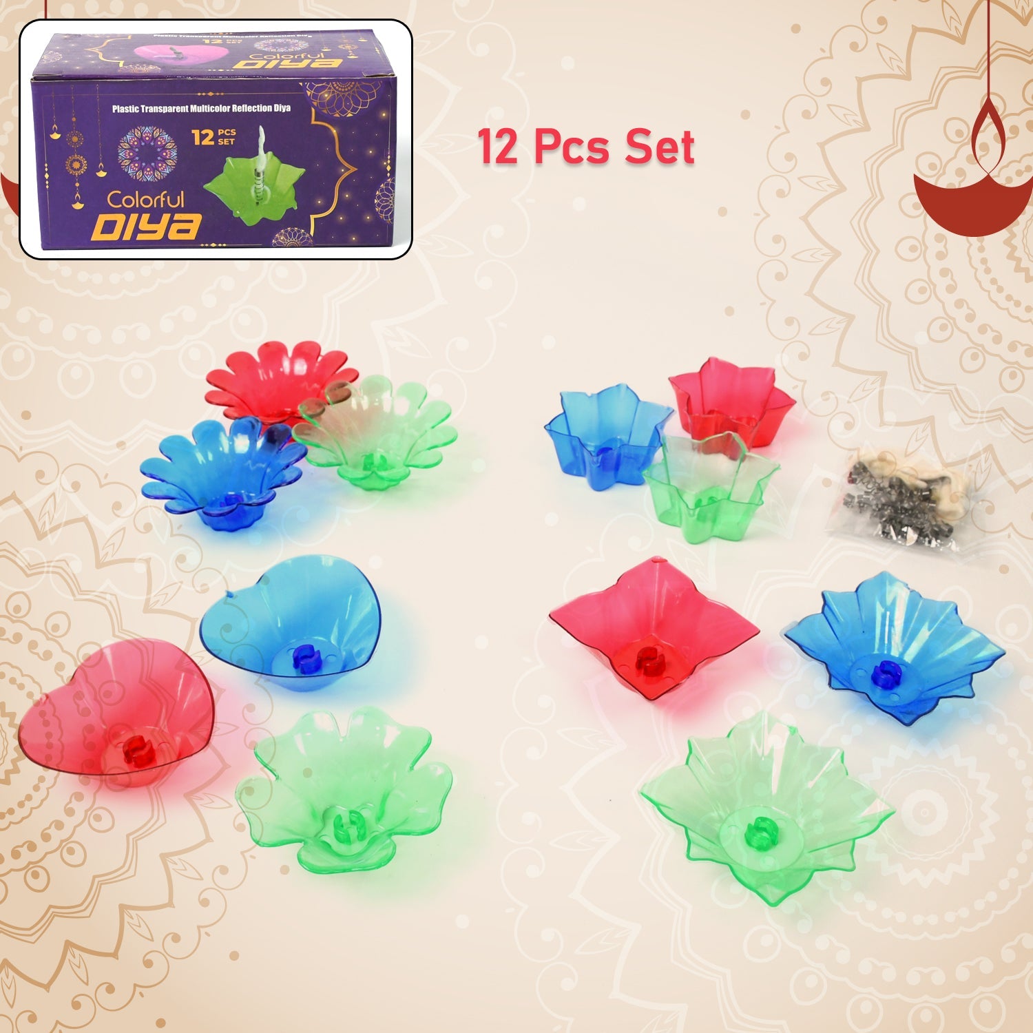 Colorful Reflection Diya combo by Wukusy, set of 12 plastic candle cups in various shapes for home decor and lighting.