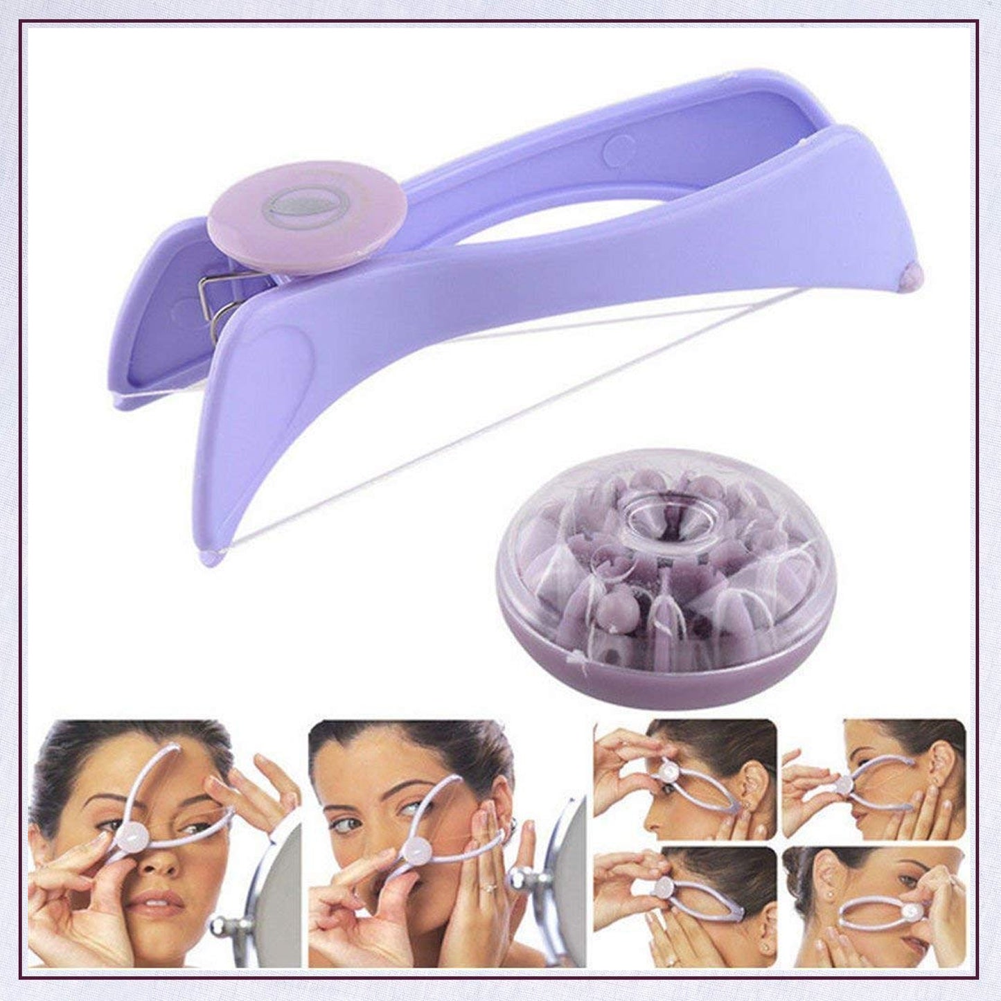 Wukusy Slique painless eyebrow, upper lips, face, and body hair removal threading and shaver system kit with manual tweezer attachments.