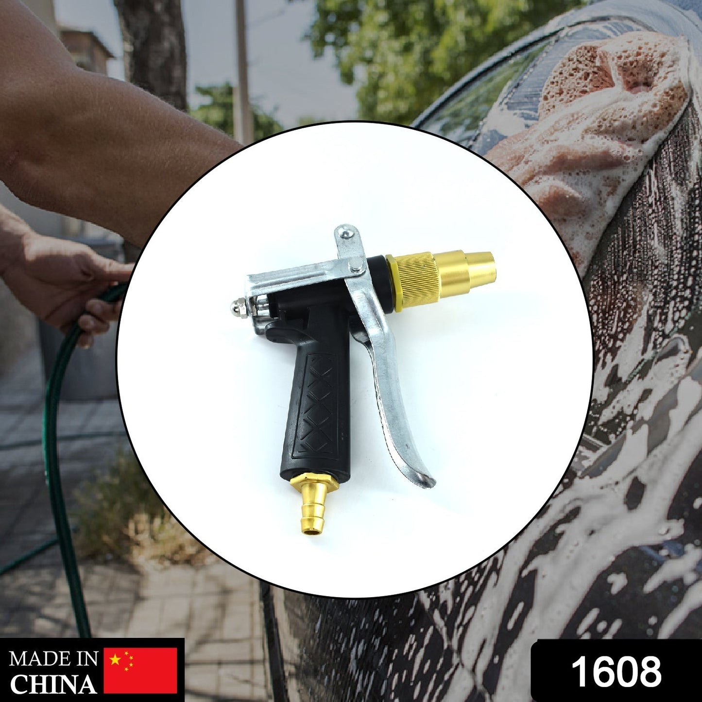Durable gold-plated metal trigger hose nozzle with lever spray for watering gardens and outdoor use by Wukusy.