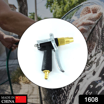 Durable gold-plated metal trigger hose nozzle with lever spray for watering gardens and outdoor use by Wukusy.