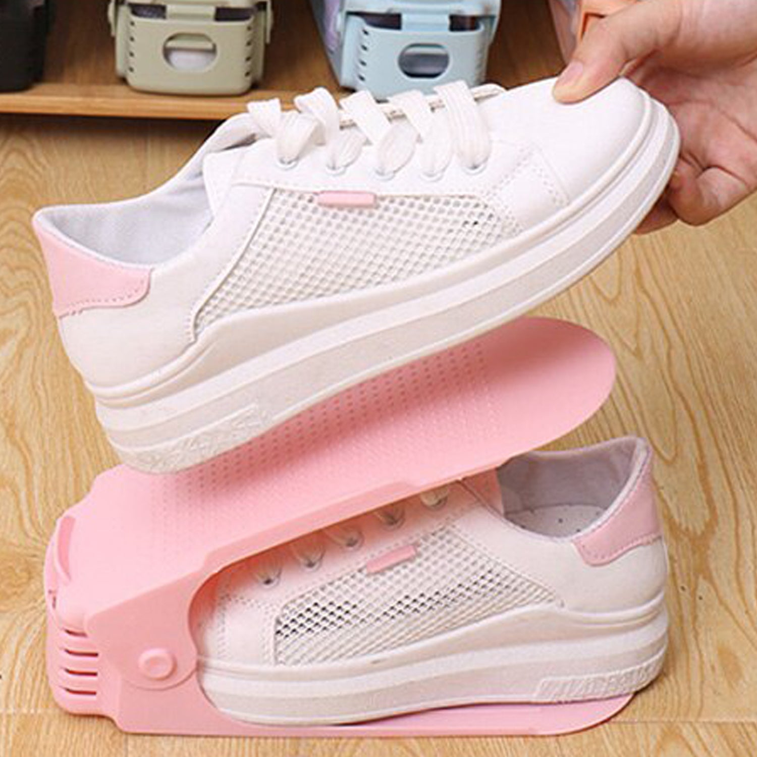 Wukusy 7277 adjustable folding shoe slots organizer with multiple compartments for shoe storage and organization.