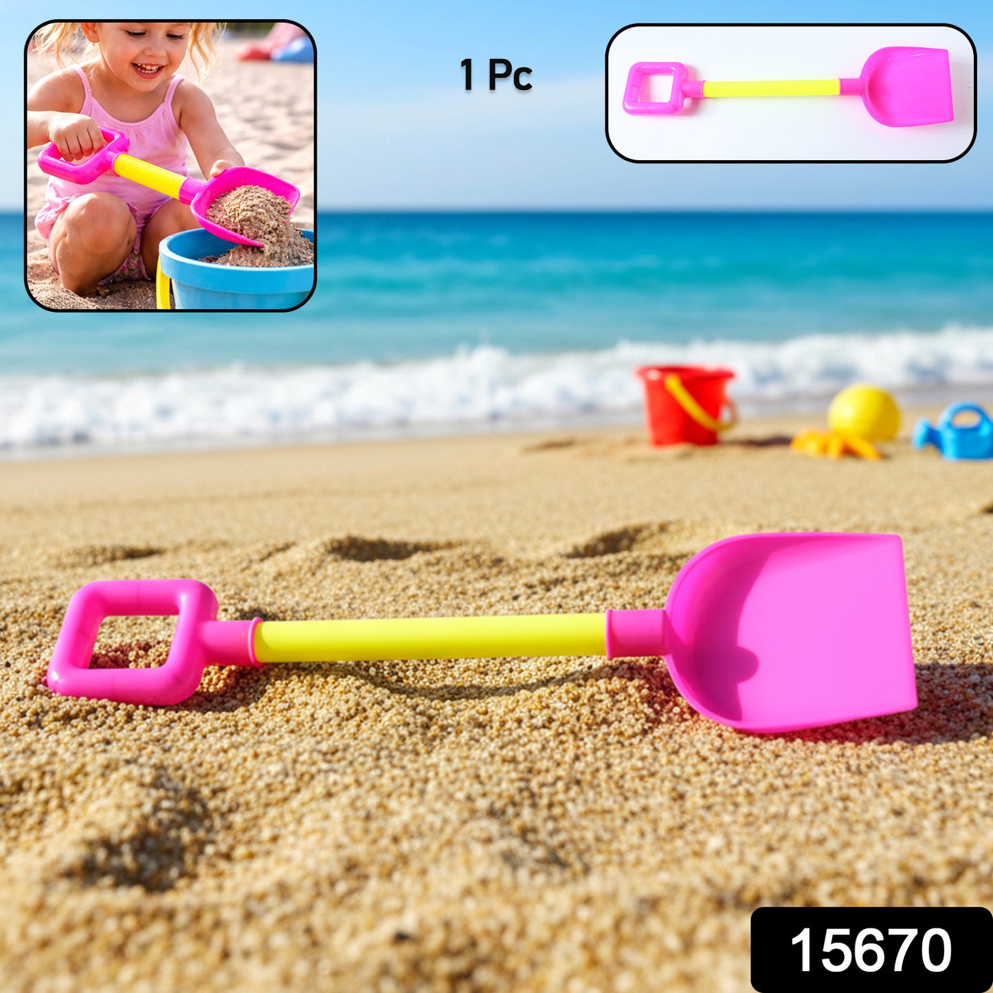 Kids beach sand shovel toy by Wukusy, featuring a colorful plastic design perfect for children’s outdoor play at the beach.