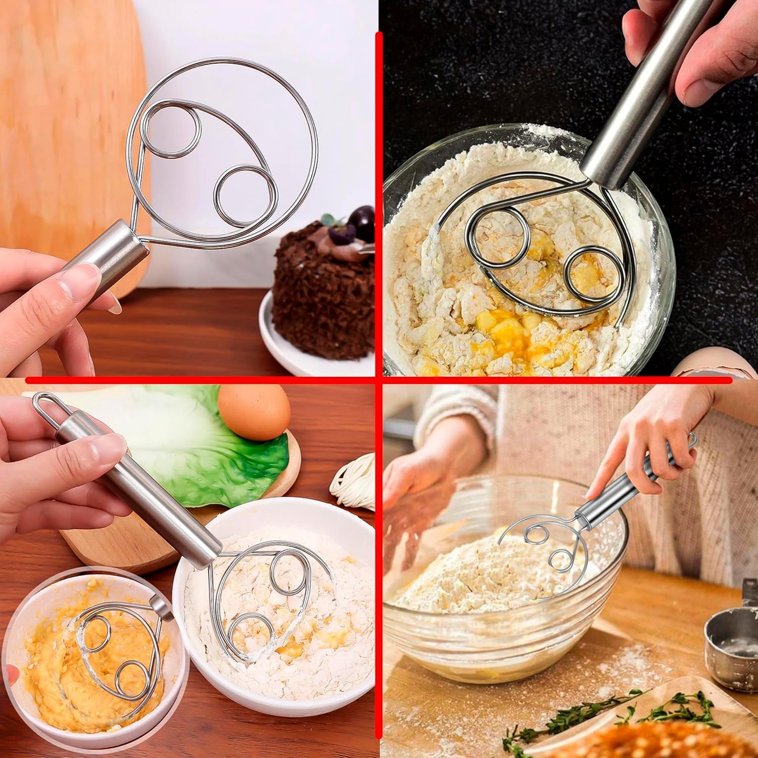 Wukusy stainless steel Danish dough whisk with large size for mixing bread or dough in home baking kitchens.