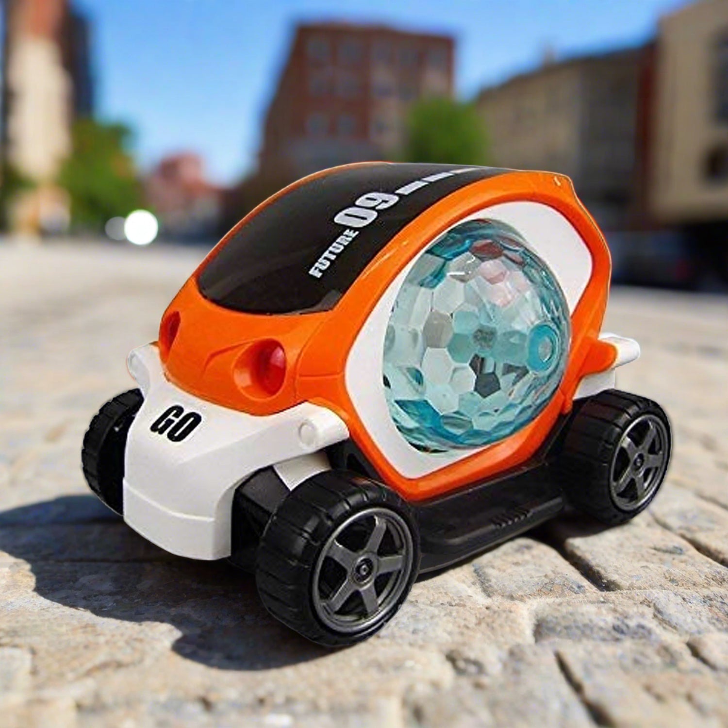 Wukusy plastic 360-degree rotating stunt car toy with bump and go action, 4D lights, music, and disco ball for kids.