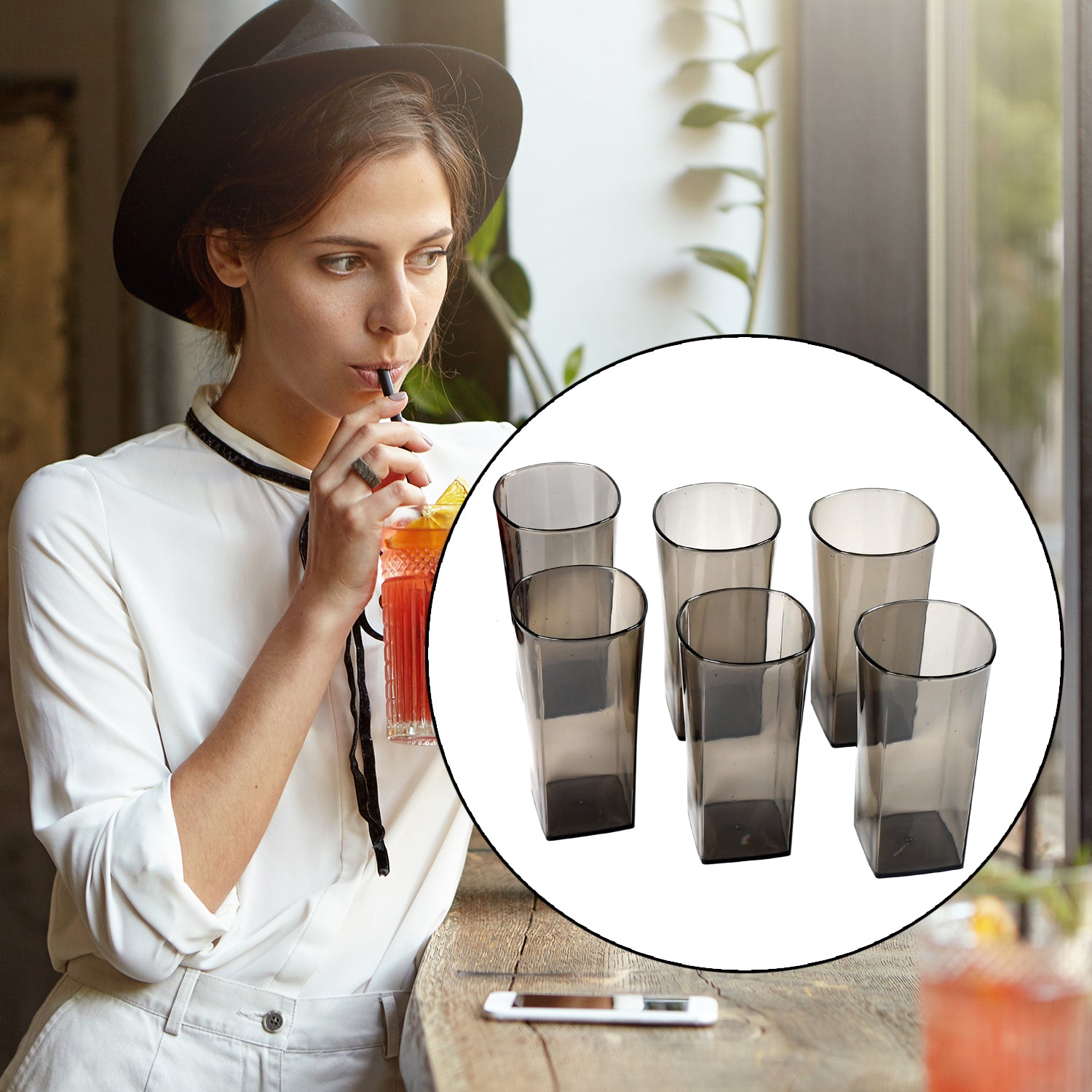 Set of six black Wukusy 300ml transparent plastic tumblers with square design for water, juice, beer, and wine.