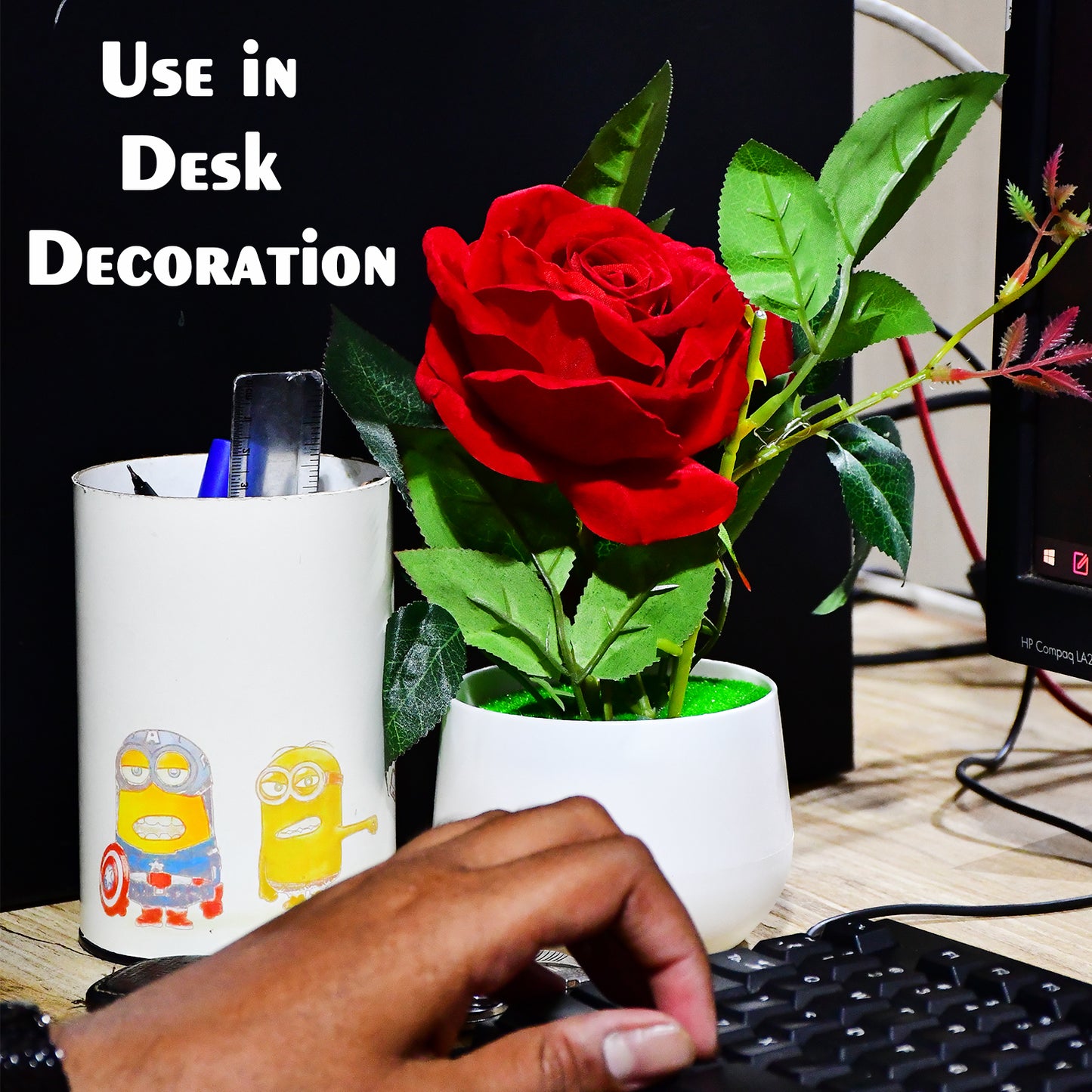 Artificial rose flower plant in a pot for home or office decor, by Wukusy, perfect as a gift or decorative accent.