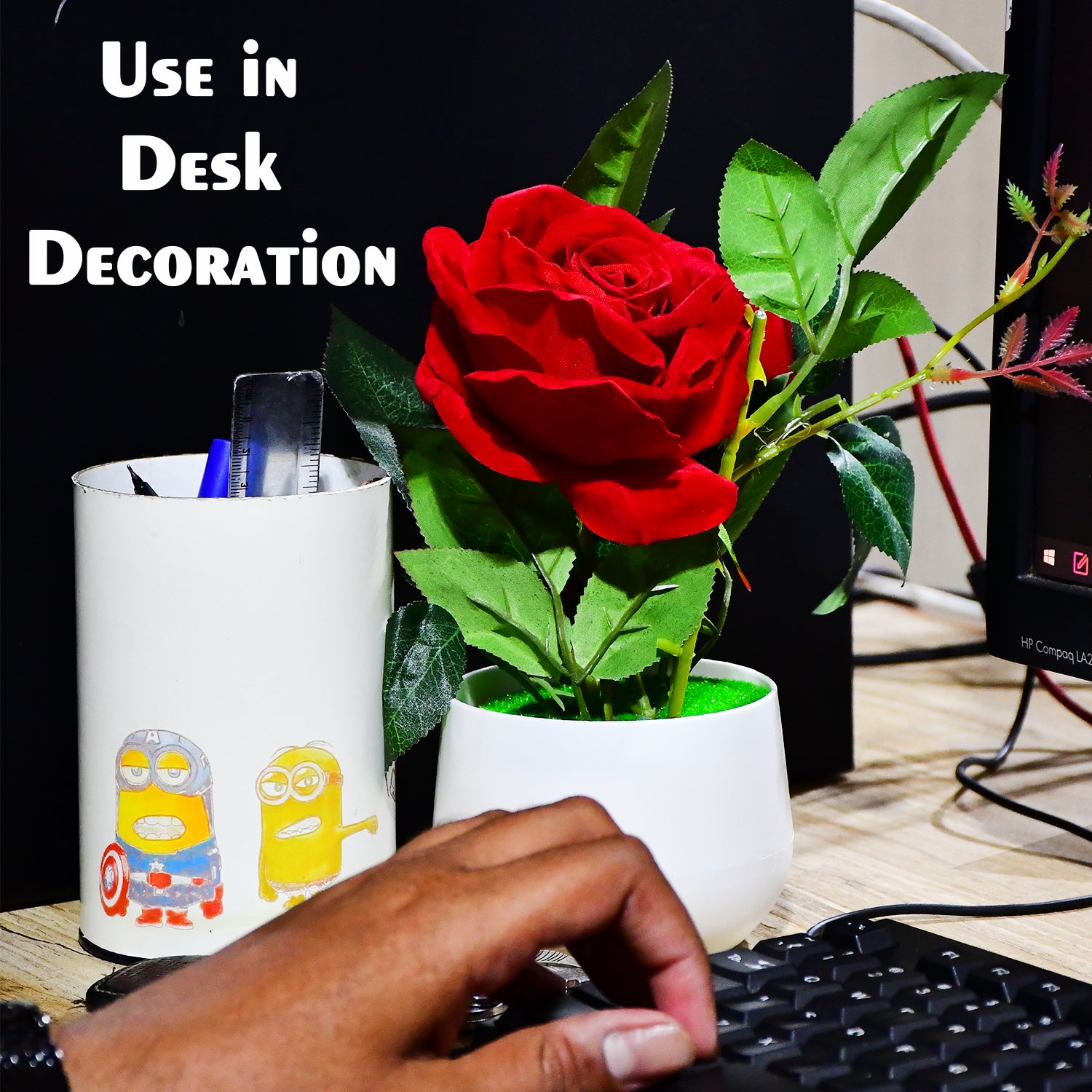 Artificial rose flower plant in a pot for home or office decor, by Wukusy, perfect as a gift or decorative accent.