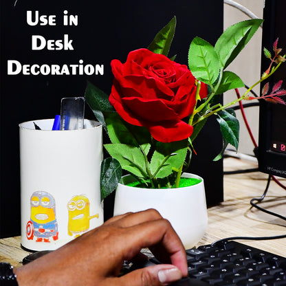Artificial rose flower plant in a pot for home or office decor, by Wukusy, perfect as a gift or decorative accent.