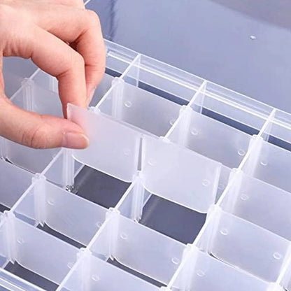 Wukusy 7673a clear plastic jewelry organizer box with 36 grids and adjustable dividers for home storage solutions.