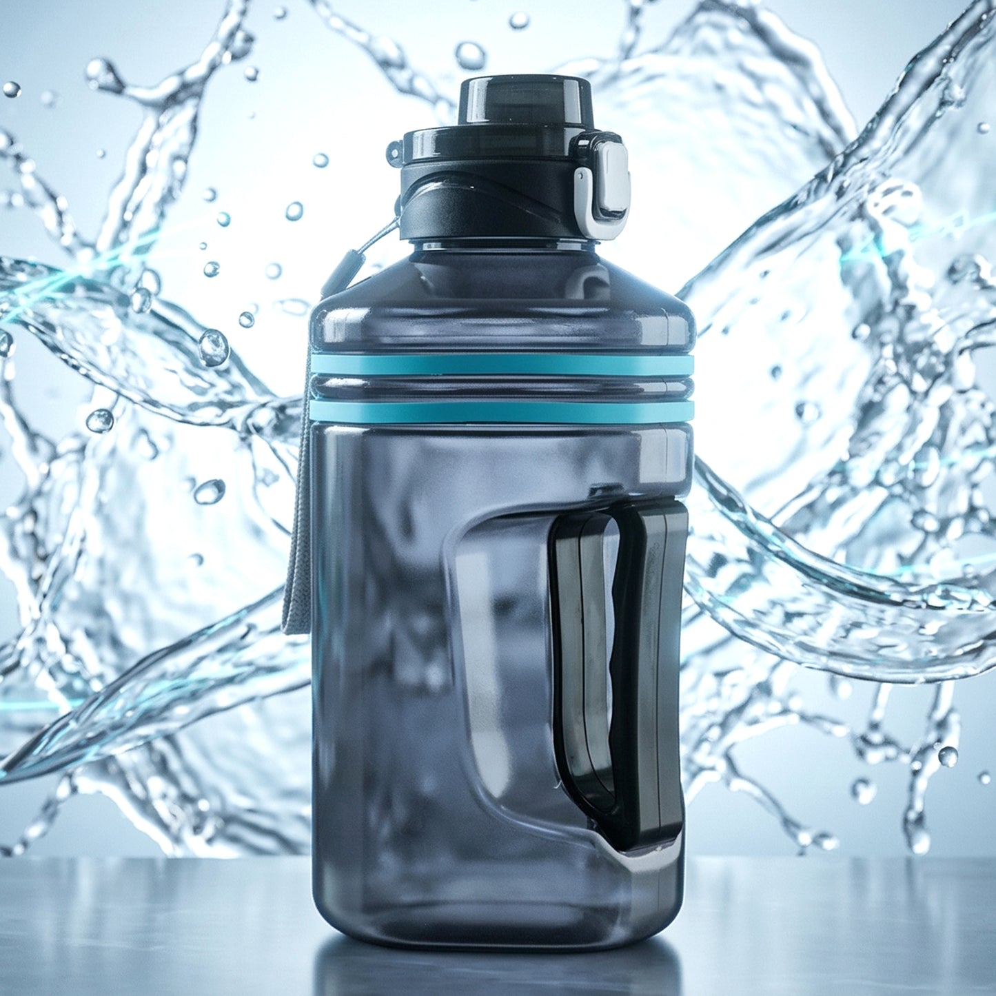 Large Wukusy square gallon-style water bottle with handle, 1500 ml capacity, transparent plastic for easy hydration on the go.