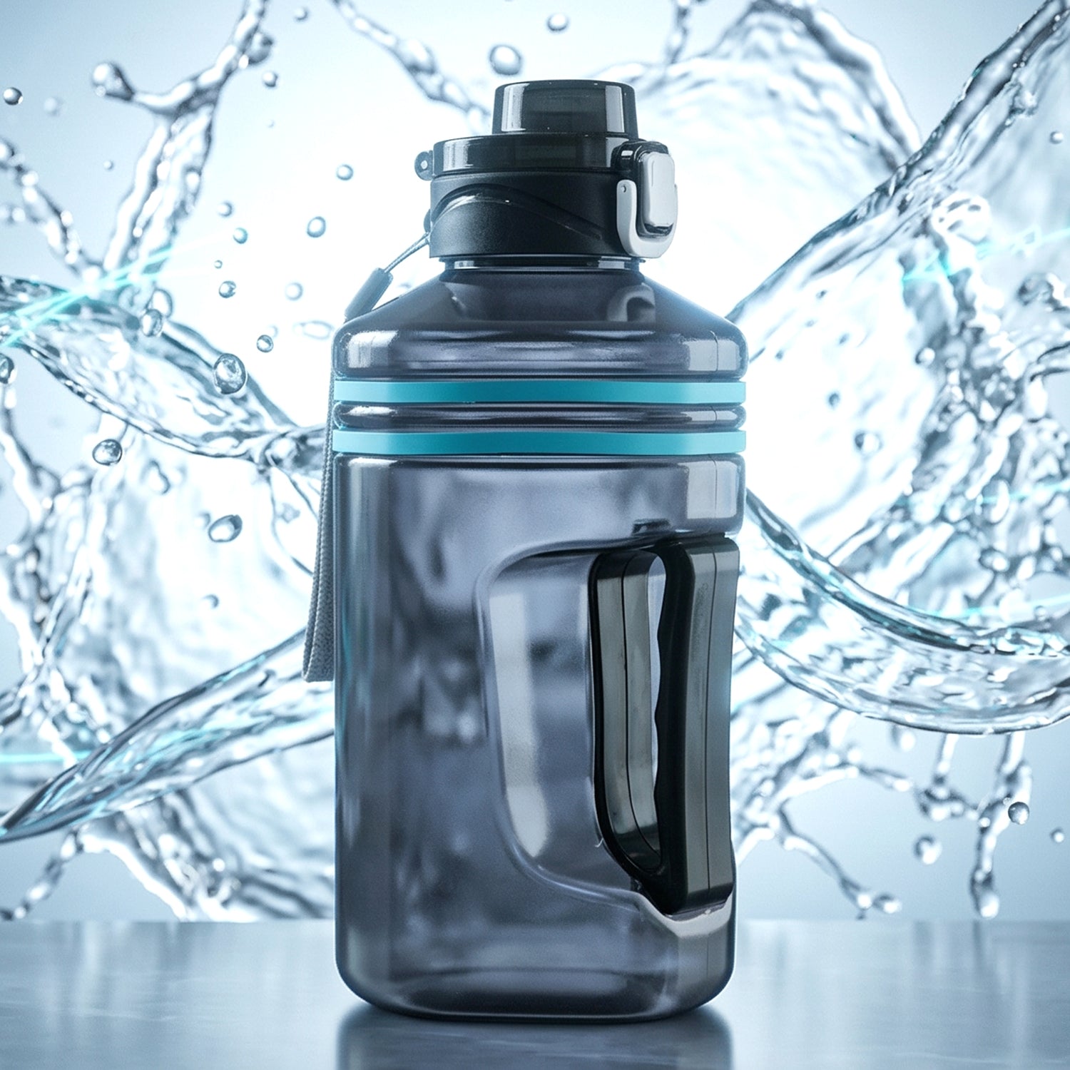 Large Wukusy square gallon-style water bottle with handle, 1500 ml capacity, transparent plastic for easy hydration on the go.