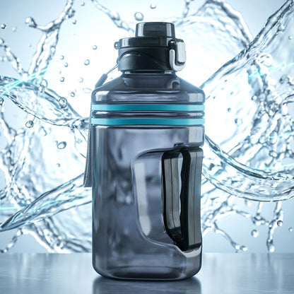 Large Wukusy square gallon-style water bottle with handle, 1500 ml capacity, transparent plastic for easy hydration on the go.