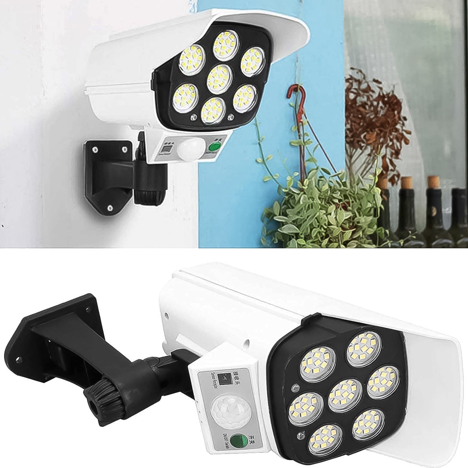 Wukusy outdoor solar motion sensor security dummy wall lamp, camera-shaped solar-powered outdoor lighting, mounted on wall.