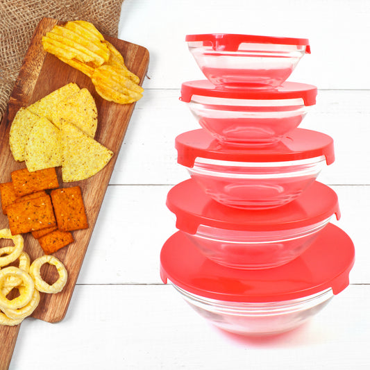 Set of five modern glass mixing and storage bowls with red lids by Wukusy, showcasing clear glass bowls with vibrant red lids.